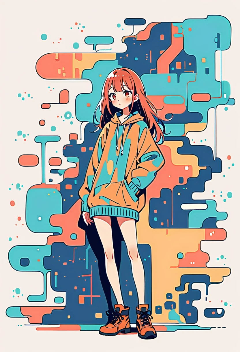 Watase Seizo style, Standing in front of a high wall,Simple line initials,Abstract art,Urban Background, (((The most beautiful girl))),