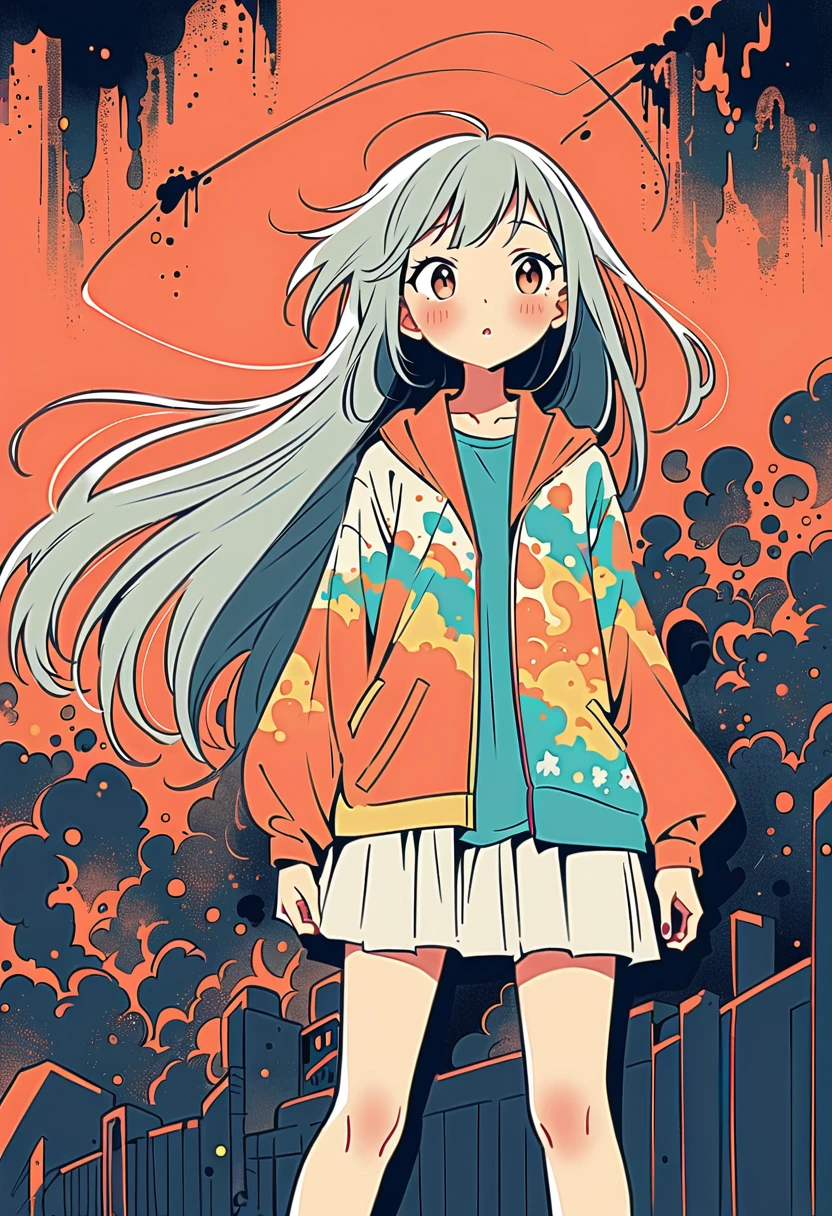 Watase Seizo style, Standing in front of a high wall,Simple line initials,Abstract art,Urban Background, (((The most beautiful girl))),