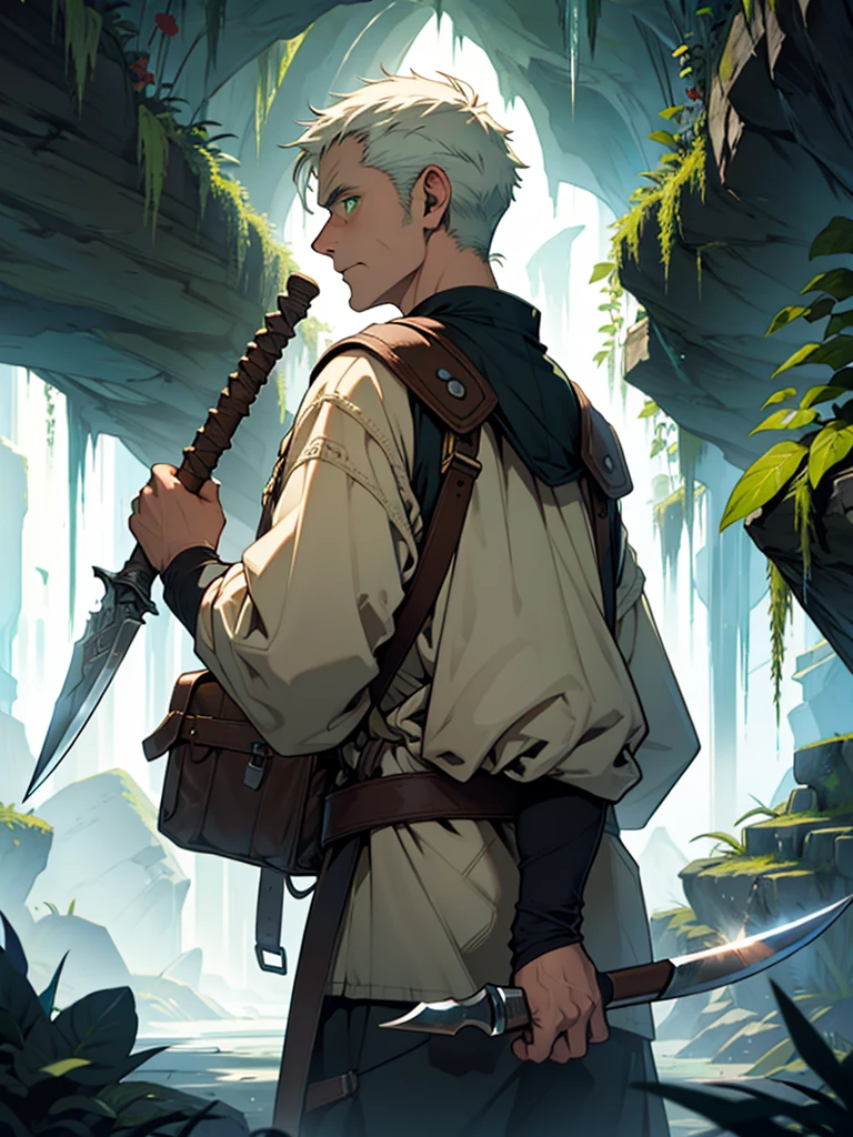 small、 old man、explorer、Fantasy、Round back、backsack、Have an ice ax、Inside the cave、torches、Green Eyes、Expressionless、front、Collect plants