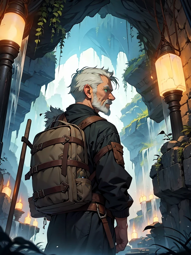 small、 old man、explorer、Fantasy、Round back、backsack、Have an ice ax、Inside the cave、torches、Green Eyes、Expressionless、front、Collect plants