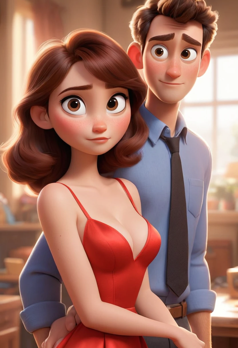 (disney pixar style:1.2) (cute adorable girl:1.15) (adult age 20:1.15)(disney pixar style:1.2) (cute adorable girl:1.15) (adult age 20:1.15)  White, hazel eyes, wearing a modern shiny red dress, big breasts, cleavage, standing with her boyfriend  (extreme far shot, full body, zoomed out:1.1)  (extreme far shot, full body, zoomed out:1.1)