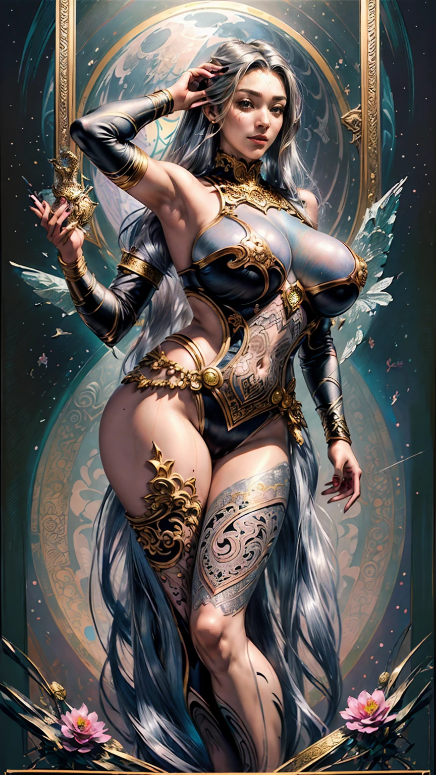 Moonstone personification、(masterpiece、top-quality、top-quality), ((close up shot)) smiley face smile on face, huge breasts, hot body curves, beautiful flowers, buxom, indian super model, photo of slim girl, photo of slim girl, 2 4 year old female model, 1 8, beautiful woman body, beautiful sexy woman photo, provocative indian (((Beautiful anime style girl、)))、20yr old、oversize model、((((super gigantic breast)))、(((silber hair)))、Hairstyle is bob short hair、Extreme details、colourfull、Groism、Birthstone moonstone image frame、Art concept art by Can Riffis and Vadimukasin、Ethereal、is standing、flawless、Pure form、the golden ratio、、Khan Griffith、Wadim Kashin、john william waterhouse、abstract art、 (masterpiece、top-quality、hight resolution: 1.4)、More about realism、intricate-detail、4K、color splashes、line-drawing、Fibonacci、Tarot Cards