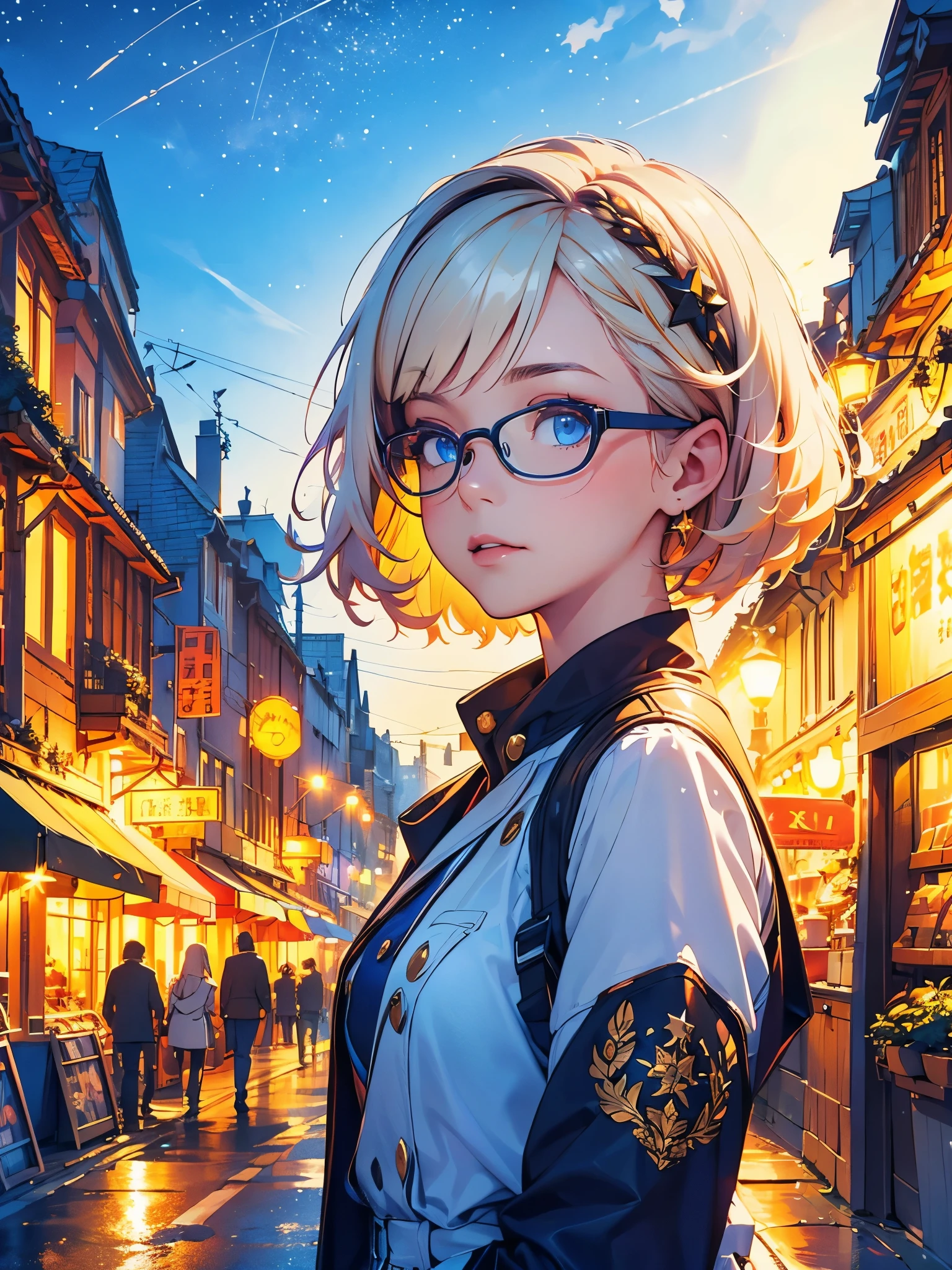 ((Very detailed), Town, night, neon, stars, Exterior lights, building, emissive, lights), ((Cinematic), neonで描く, Gradation, Crisp lighting), ((Ultra-detailed, Beautiful Face, 1 girl), one girl, Very detailed, whole body, cute, Beautiful eyes drawn in detail, short hair, white hair, blonde hair, multicolored hair, blue eyes, glasses, Wearing glasses, ennui, Beautiful Hands, Fluttering Hair))