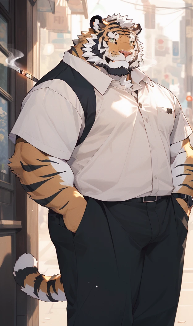 hairy,(tiger,Black short sleeve:1.3,Against the wall:1.3)beard,Golden fur,(smokes:1.3),With a cigarette in his mouth,Smile,male,Common,full-body shot,Real background,极其lifelike阴影,masterpiece,Very detailed,lifelike。