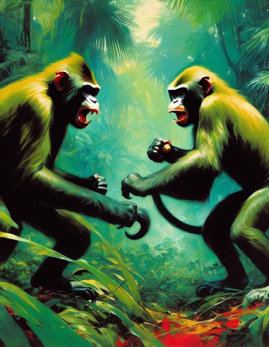two angry monkeys fight wildly in a jungle (art inspired by Bill Sienkiewicz). oil painting)