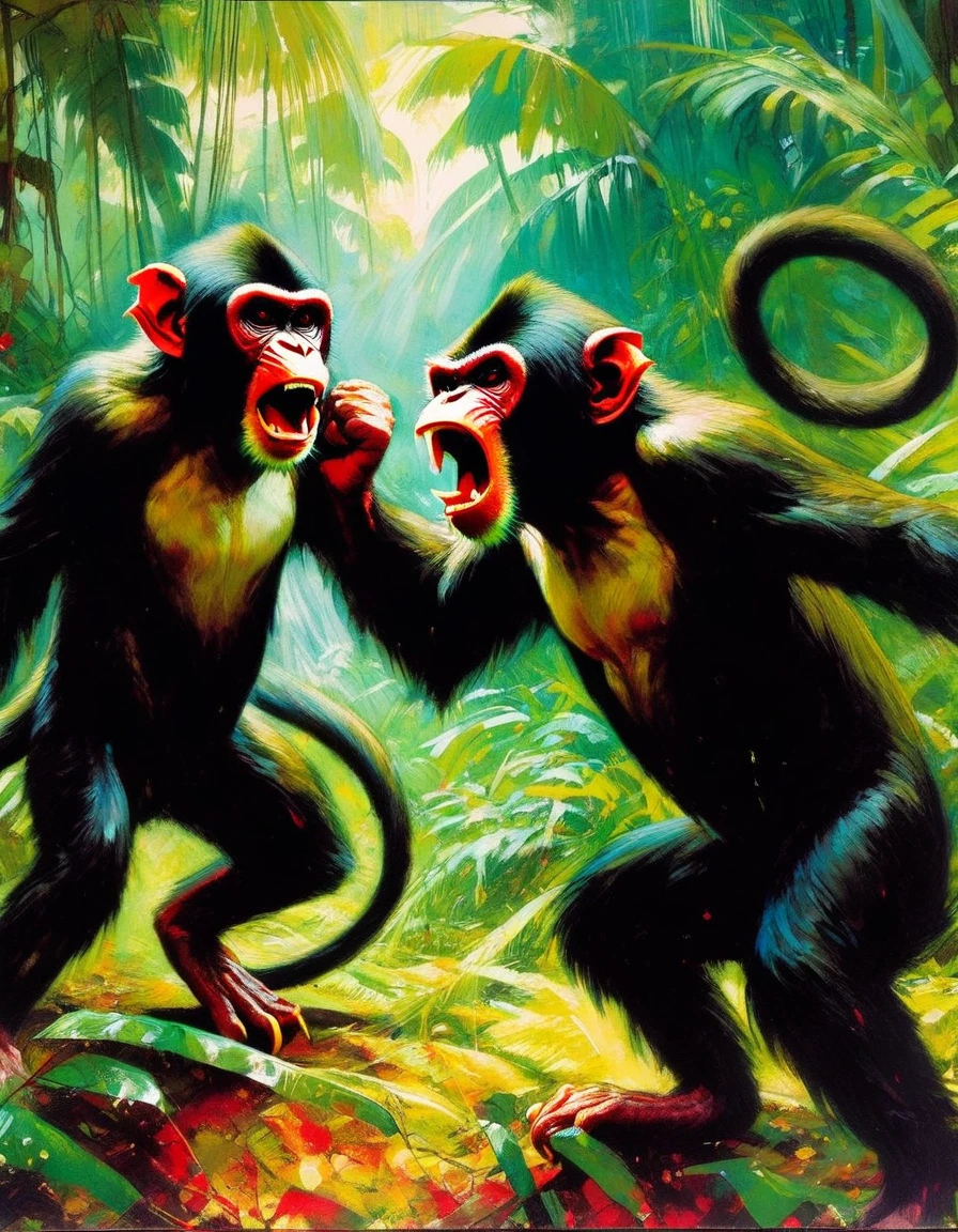two angry monkeys fight wildly in a jungle (art inspired by Bill Sienkiewicz). oil painting)
