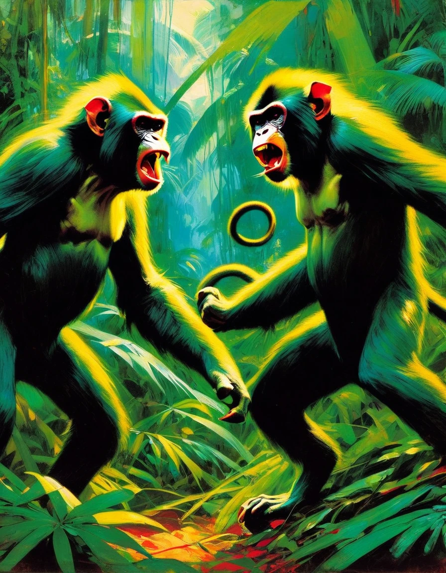 two angry monkeys fight wildly in a jungle (art inspired by Bill Sienkiewicz). oil painting)
