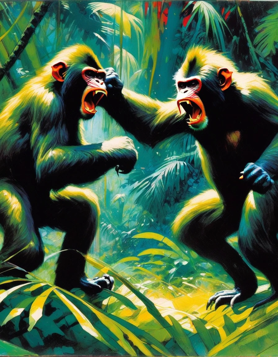 two angry monkeys fight wildly in a jungle (art inspired by Bill Sienkiewicz). oil painting)