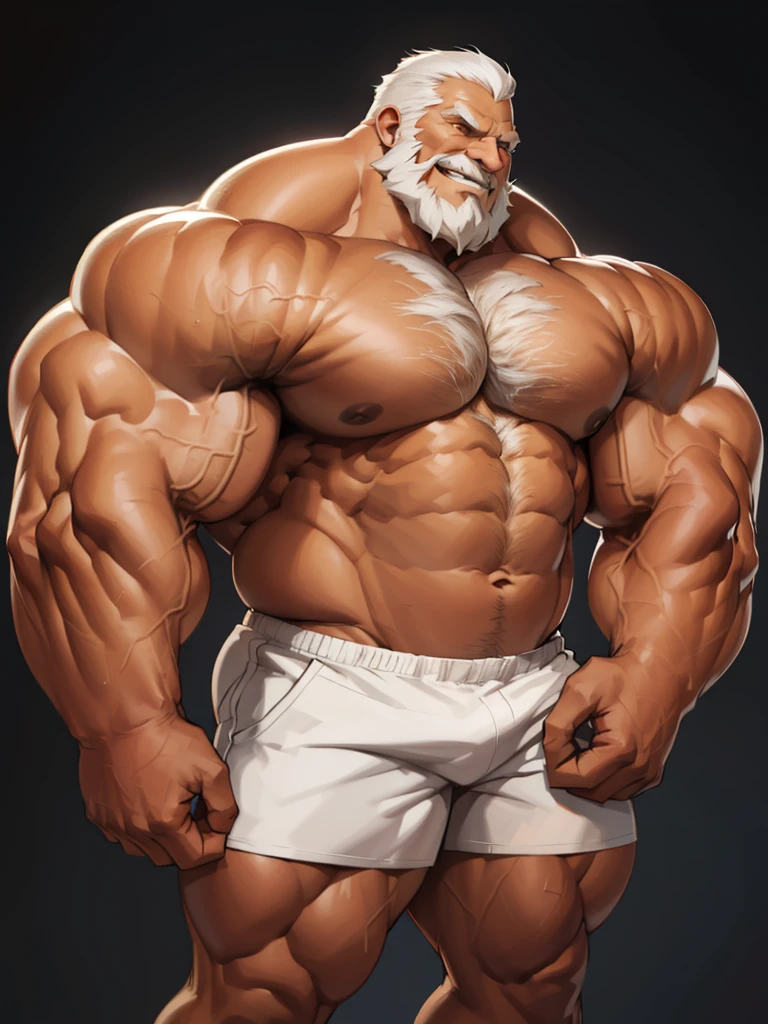 solo, 1boy, perfect anatomy, perfect proportion, smile, grinning, big eyes, happy. Huge Muscular Old man wearing corwn and king cloack with short hair ,(white shorts), view from side, pectoral, thick arms, huge pectoral, wide pectoral, white hair, white beards, simple background, masterpiece, semirealistic:1.2, high detailed, 8k, high resolution, perfect center, full view. ((really big muscle, massive muscular, sixpack, thick arms, wide pectoral, super huge muscle, hyper muscular, over sized muscle, huge arms, big arms, huge pectoral))