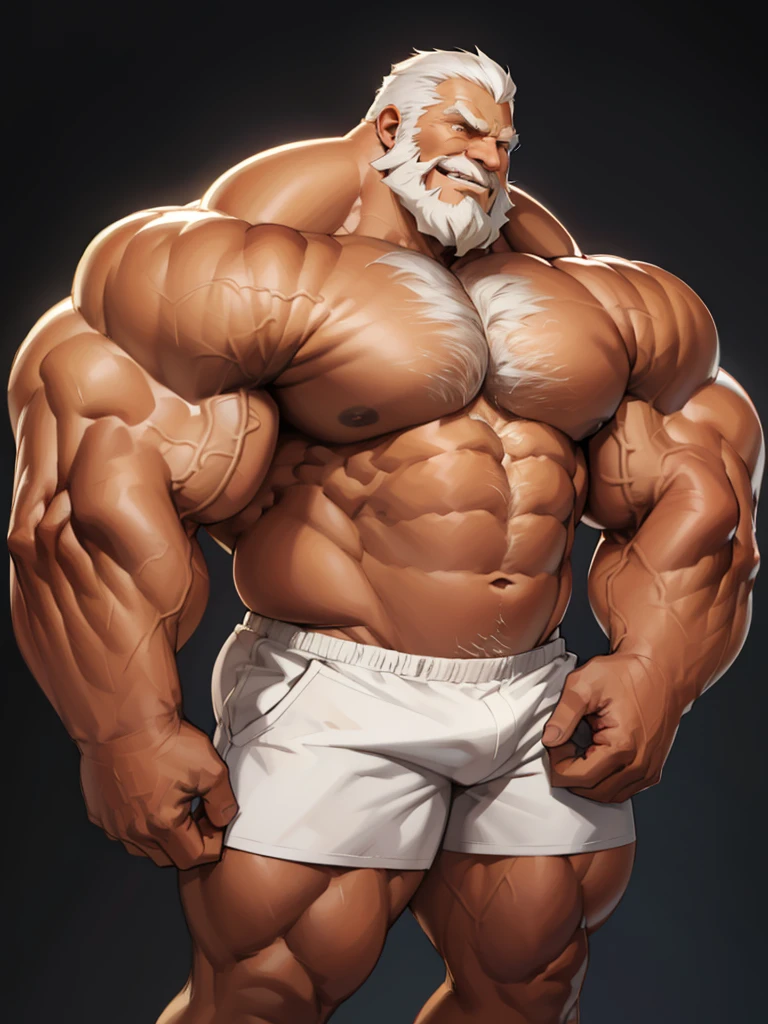solo, 1boy, perfect anatomy, perfect proportion, smile, grinning, big eyes, happy. Huge Muscular Old man wearing corwn and king cloack with short hair ,(white shorts), view from side, pectoral, thick arms, huge pectoral, wide pectoral, white hair, white beards, simple background, masterpiece, semirealistic:1.2, high detailed, 8k, high resolution, perfect center, full view. ((really big muscle, massive muscular, sixpack, thick arms, wide pectoral, super huge muscle, hyper muscular, over sized muscle, huge arms, big arms, huge pectoral))