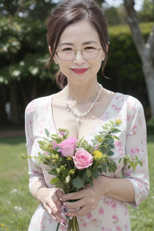 Beautiful mature 55 year old Japanese woman, Married women, Fine Lines, Long eyelashes, Shining Eyes, Low Ponytail, Red lipstick, smile, elegant, Gorgeous figure, Pearl Necklace, summer, summer服, Cleavage, Low-cut blouse, Floral print slit skirt, Pink Glasses, Holding a bouquet of roses, whole body, Shooting on green grass, (Highest quality,4K,8K,High resolution,masterpiece:1.2),Very detailed,(Realistic,photoRealistic,photo-Realistic:1.37),High resolution,超High resolution,Studio Lighting,Ultra-fine painting,Sharp focus,Physically Based Rendering,Very detailed説明,Professional,Vibrant colors,Bokeh,Portraiture