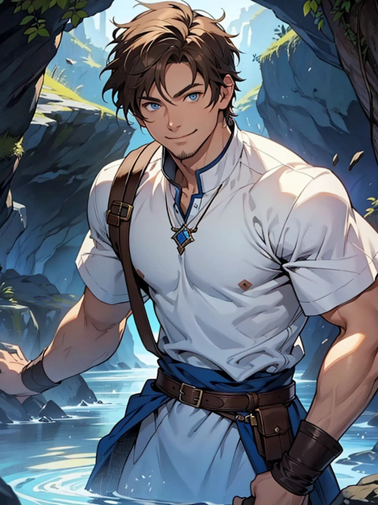 40-year-old male、Blue Eyes、Brown short hair、Fantasy、A little muscular、Holding a sword、Inside the cave、Light clothing、A modest smile