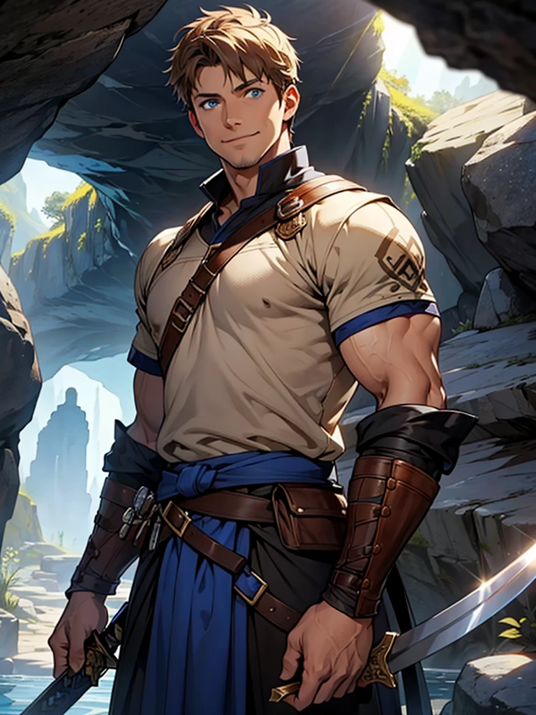 40-year-old male、Blue Eyes、Brown short hair、Fantasy、A little muscular、Holding a sword、Inside the cave、Light clothing、A modest smile