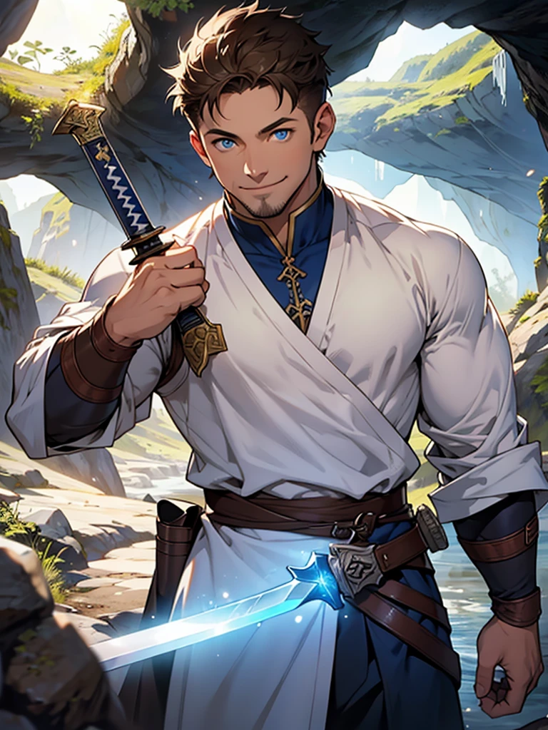 40-year-old male、Blue Eyes、Brown short hair、Fantasy、A little muscular、Holding a sword、Inside the cave、Light clothing、A modest smile