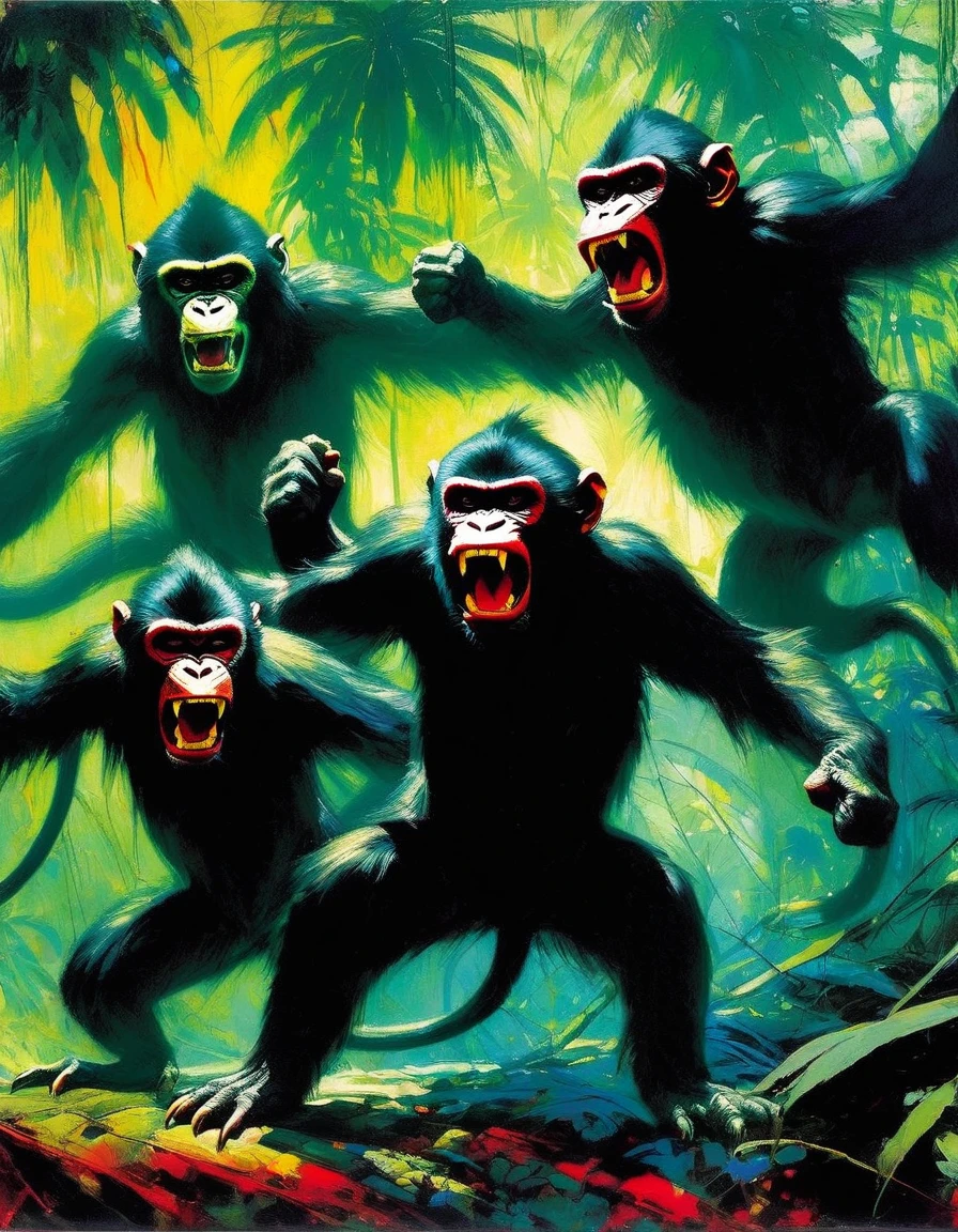 three angry monkeys fight wildly in a jungle (art inspired by Bill Sienkiewicz). oil painting)