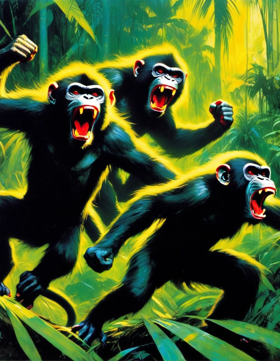 three angry monkeys fight wildly in a jungle (art inspired by Bill Sienkiewicz). oil painting)