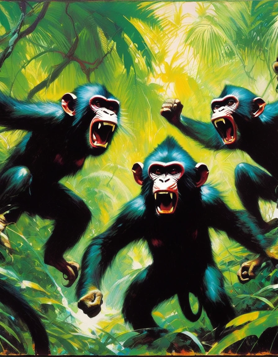 three angry monkeys fight wildly in a jungle (art inspired by Bill Sienkiewicz). oil painting)
