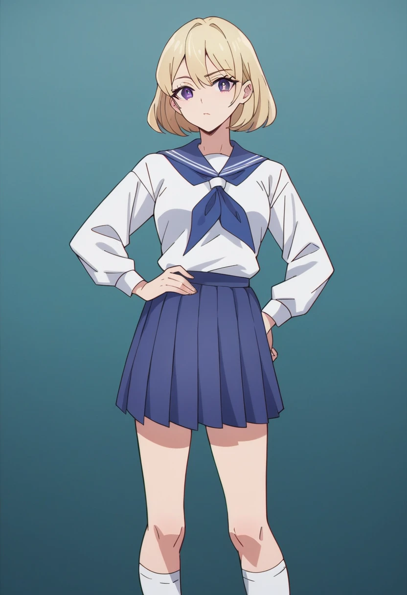 masterpiece, best quality, highres, us1, blonde hair, purple eyes, , white shirt, blue skirt, neckerchief, white socks, pleated skirt, long sleeves, hand on hip, cowboy shot