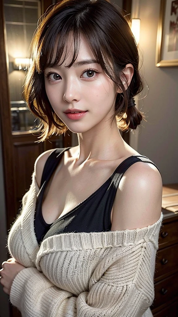 Female, 27yo， brunette color hair， short-haired， Thin frame glasses， Thinking Face， （Dress up your chest with a robe or pajamas，No light），  lying on the sofa and smiling、night view glass window，Break Break， cinematric light， realisticlying， tmasterpiece， best qualtiy， Complex CG，Highly detailed face，High detail eyes，