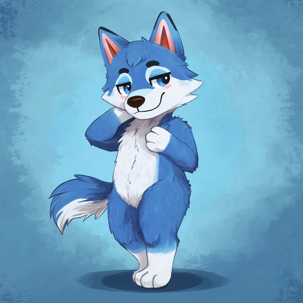 a cute and anthropomorphic blue colored fur wolf, closed smile, high quality furry art, animal crossing style, high quality fursona ref.
