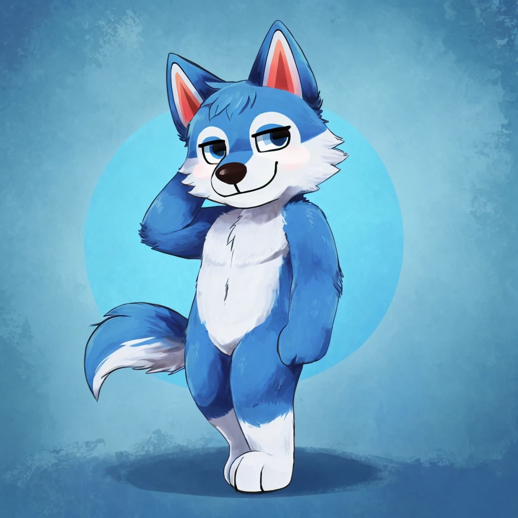 a cute and anthropomorphic blue colored fur wolf, closed smile, high quality furry art, animal crossing style, high quality fursona ref.