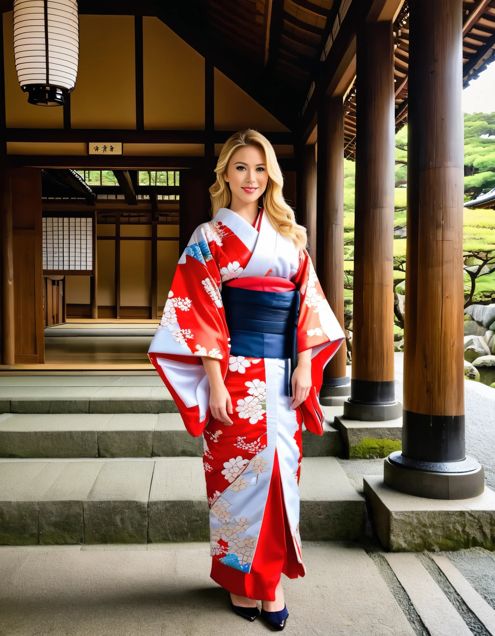 A blonde woman in a traditional kimono, standing in a historical Japanese temple.