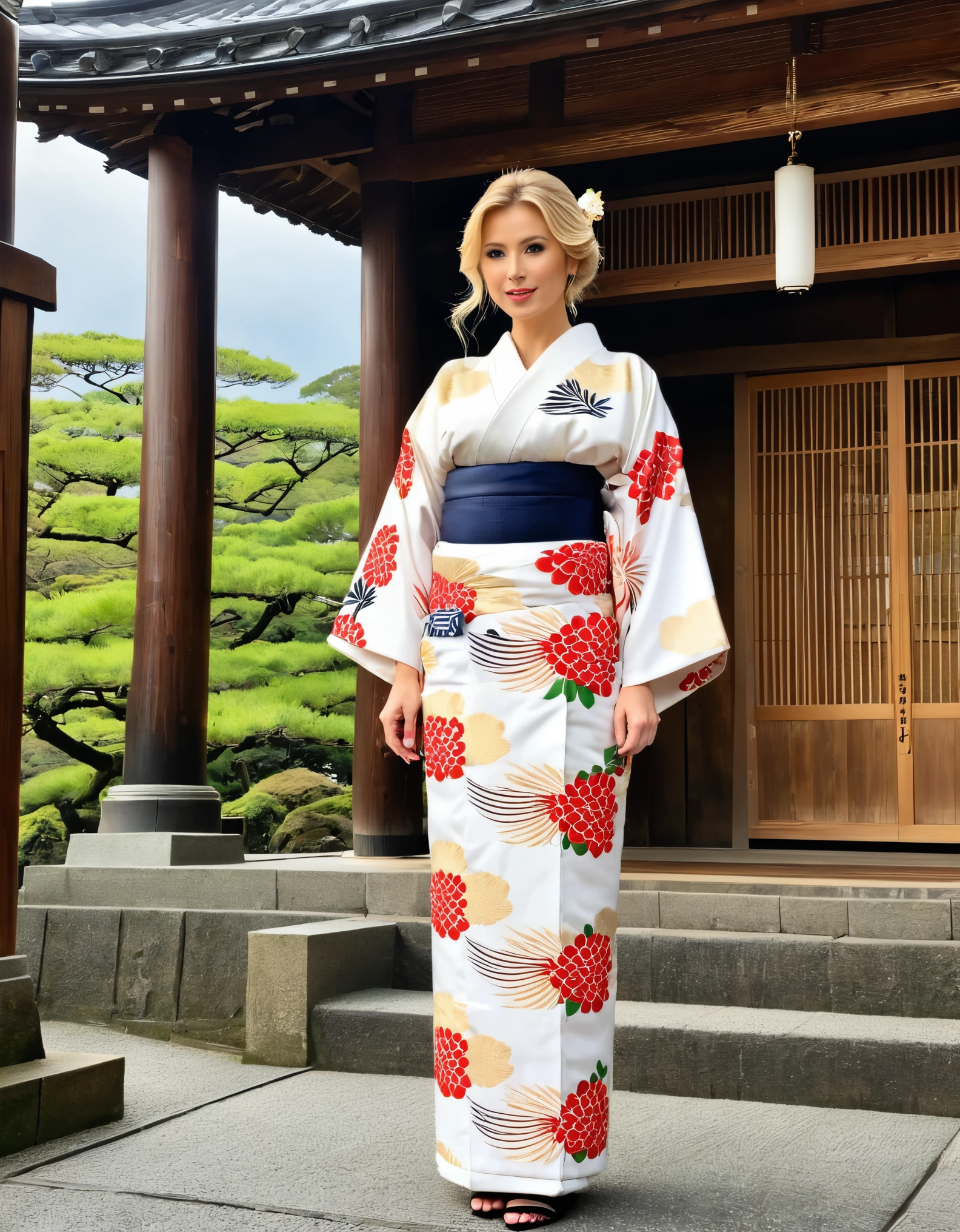 A blonde woman in a traditional kimono, standing in a historical Japanese temple.