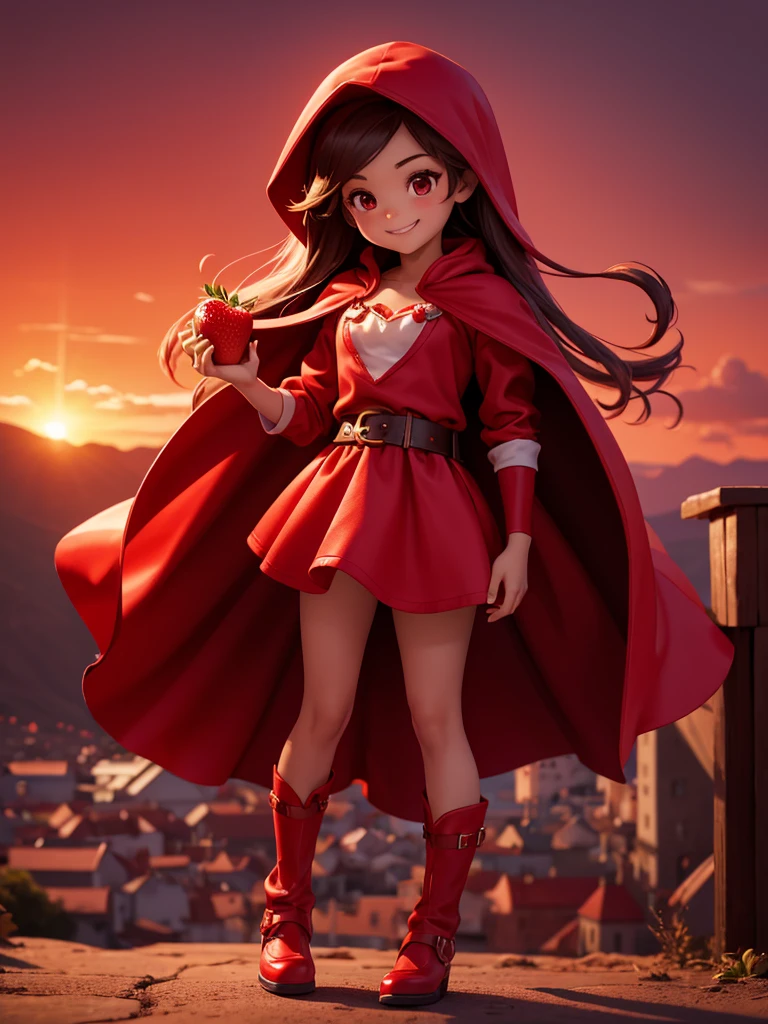 thief The Girl Who Was Loved by Strawberries Thief Wearing a red outfit and cape The background is a red sunset Running full body figure She has a cute smile holding strawberry in hand