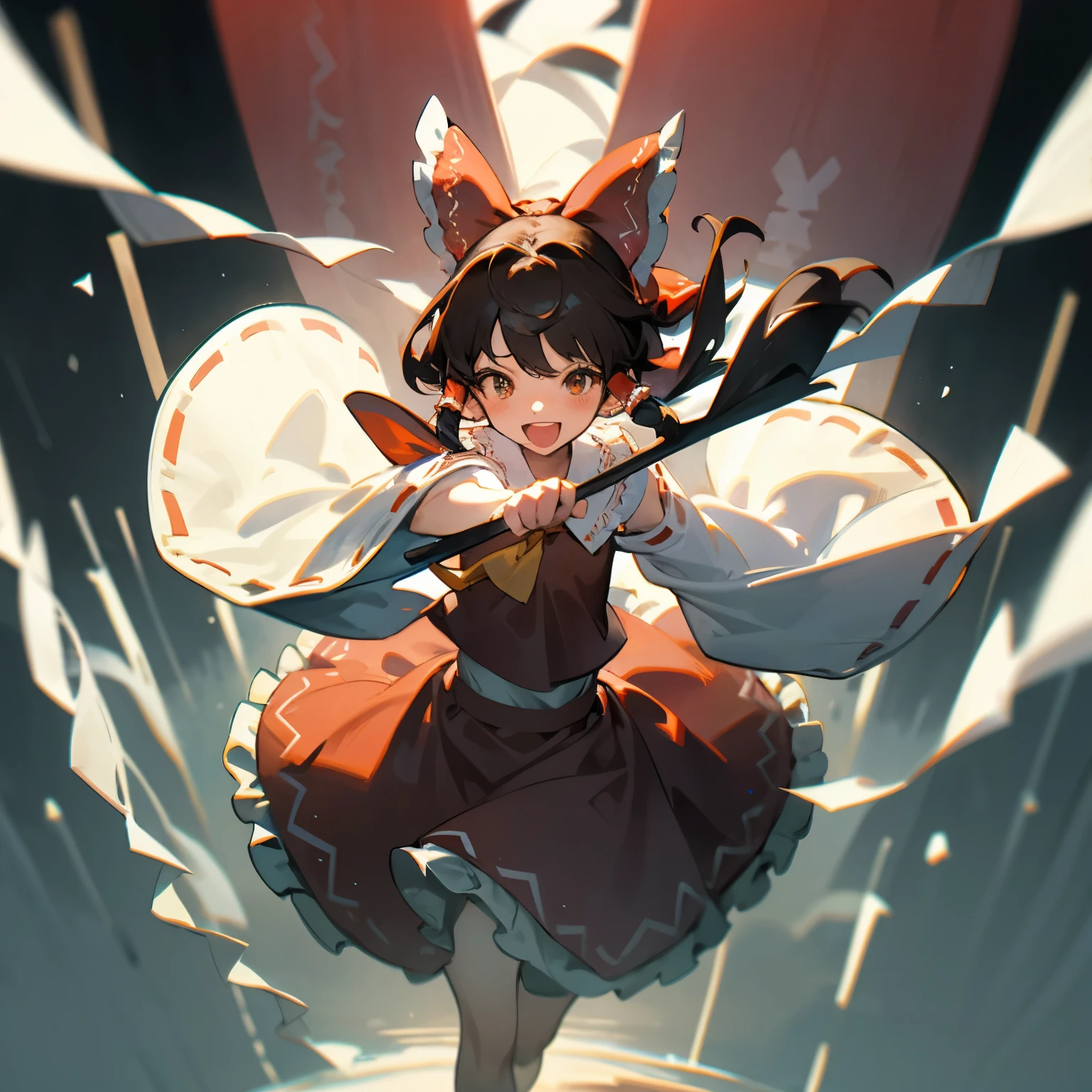tMasterpiece, Best quality at best, tchibi,1girll, solo, White Spirit Spirit Wood, hair bow, Bow knot, Separate the sleeves, Red bow, brown hair, ascot, , Blushlush, pony tails, siMplebackground, :d, white backgrounid, exposed bare shoulders, MiMic, \M/, The upper part of the body, SMall point it out, point to, Wide sleeves, long whitr hair, ribbons, Skirt cover, The shirt, tress ribbon, pair \M/, cheerfulness, longer sleeves, ^_^ short detailed hair, brunette color hair, Red skirt, a skirt