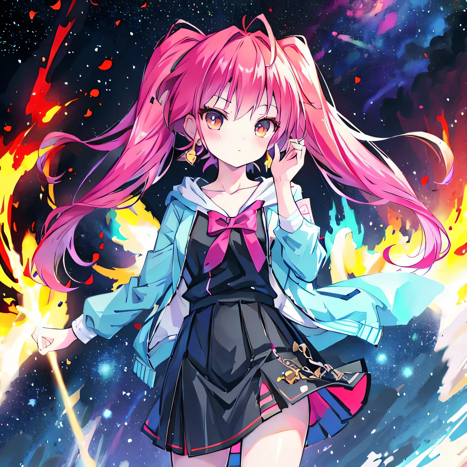 masterpiece, best quality:1.2),anime style:1.8, 1girl, solo, Ultra-detailed, best quality,High saturation, flame, gradient, colorful,magic, vivid colors , two tone hair,