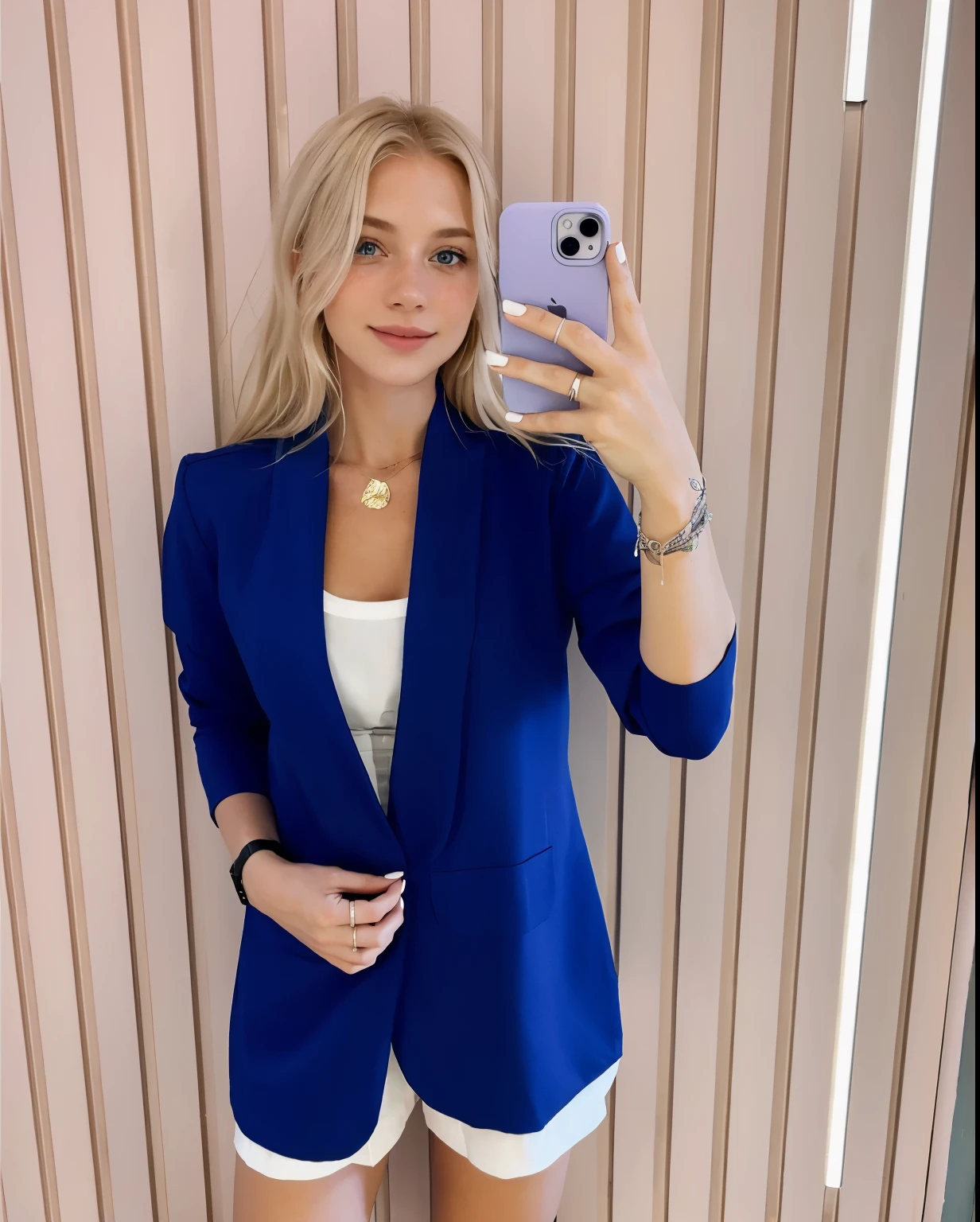a one woman, americana, age 25, pale skin and freckles, grey-eyed, delicate nose, soft and delicate lips, distant, distant, wavy, waist-length blonde hair, Sweet smile, face with delicate feminine facial features, Highly Rendering