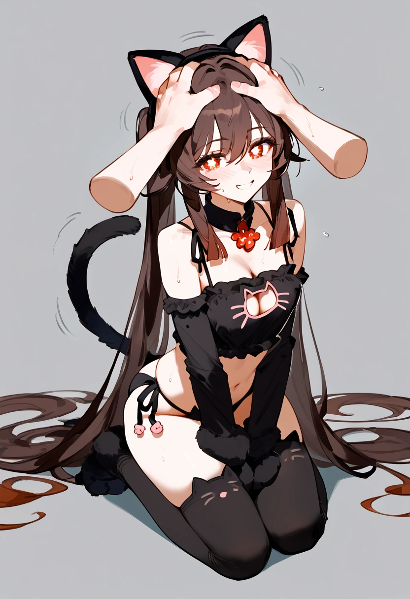 anime artwork, score_9, score_8_up, score_7_up, score_6_up, score_5_up, score_4_up, hu tao, she is 24 years old, style_3, gray background, , , , , _, fake cat ears,, smile,  solo, cat lingerie, paw gloves,one disembodied hand on her head, headpat , nervous sweating , motion lines, on knees, cat tail, cat stockings