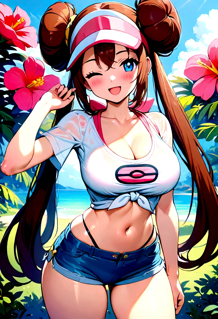 art of a cartoon of a sexy girl holding her visor cap, wearing shorts and hat, 1girl, rosa (pokemon), visor cap, breasts, double bun, twintails, shorts, solo, hair bun, tied shirt, floral shirt, brown hair, cleavage, navel, blue eyes, large breasts, very long hair, smile, shirt, open mouth, short shorts,white background, ,NEON COLOR, LOFI COLOR,rosa, pink background, 1girl, teenage, looking at viewer

,rosa (pokemon), lineart, (((masterpiece))), ((highest quality 16k)), (ephemeral:1.3), ((detailed and delicate)), ((fantastic background)), ((long brown hair)), look down, , Forget-me-not,NEON COLOR, LOFI COLOR, pastel colors, 
,NEON COLOR, LOFI COLOR, solo, 1girl, brown hair, hair buns, ((pink visor)), large hair, twintails, big smile, blush, masterpiece, best quality, ultra detailed, high-resolution, 8k, detailed beautiful face and eyes, ((panties under shorts)), ((highleg panties)), ((denim shorts)), ((mini shorts)), ((highleg shorts)), multicolored clothes, ((floral print)), ((tied shirt)), stomach, navel, midriff, cowboy shot, toned, retro artstyle, looking at viewer, open mouth smile, (too many sparkles:1.1), ((tropical scene)), ((tropical flowers)), dynamic light, one eye closed, (sexy, curvy, voluptuous, adjusting clothes), cameltoe, curvaceous, curvy body, curvy figure, female only, (slim waist), a character from video games is wearing a top and shorts, 1girl, breasts, rosa (pokemon), solo, shorts, smile, double bun, one eye closed, navel, brown hair, tied shirt, hair bun, visor cap, blue eyes, twintails, outdoors, cleavage, ;d, large breasts, open mouth, shirt, flower, long hair, short shorts, looking at viewer, thighs, midriff, denim, denim shorts, blush