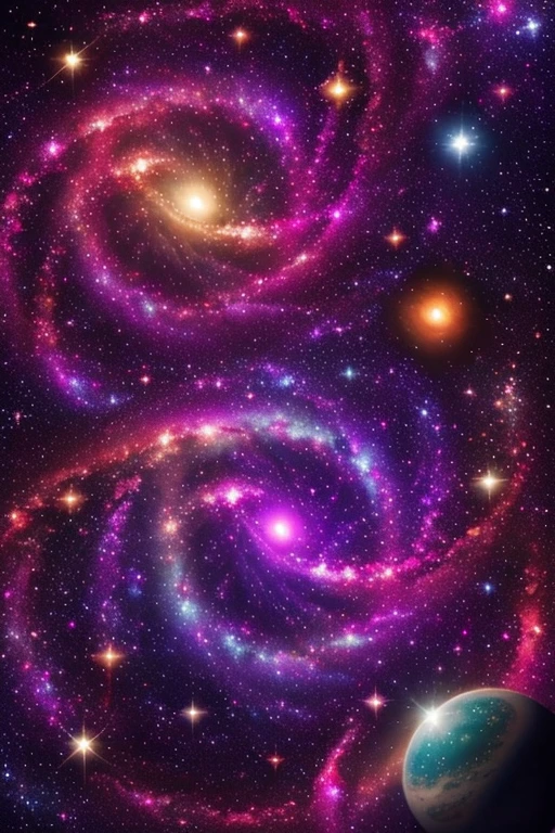 Image of the cosmos, with galaxies, multicolored stars and planets, sparkling.