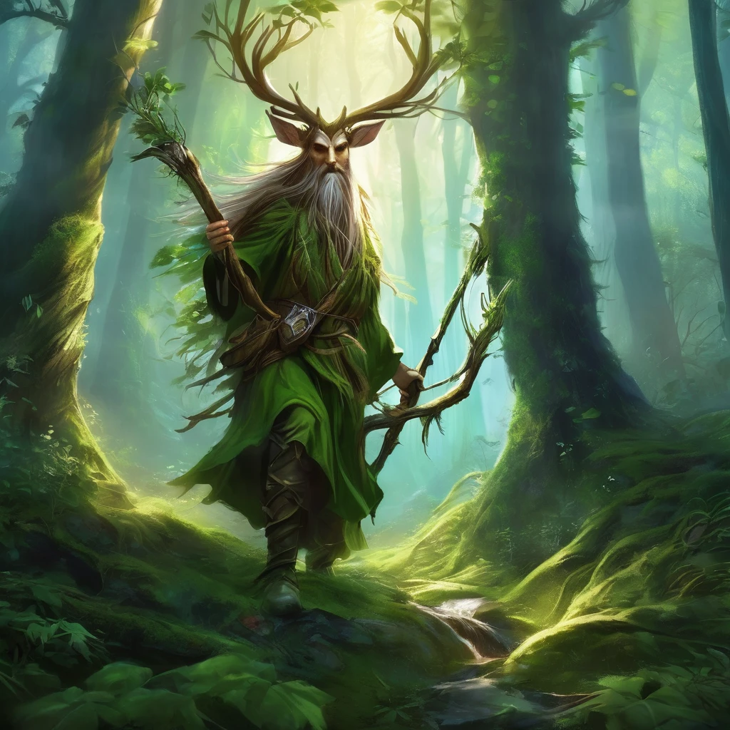 ethereal fantasy concept art of leshy hunter, medieval fantasy, in the corrupt forest, . fabulous, heavenly, ethereal, picturesque, epic, majestic, magic, Fantasy art, cover, Dreamy,