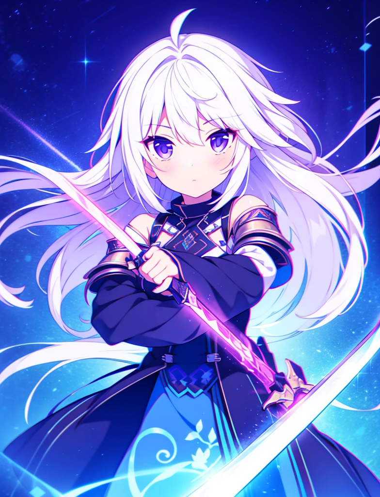 colorful, 1girl, white hair, purple eyes, dual wielding, sword, holding sword, blue flames, glow, glowing weapon, light particles, wallpaper, chromatic aberration,