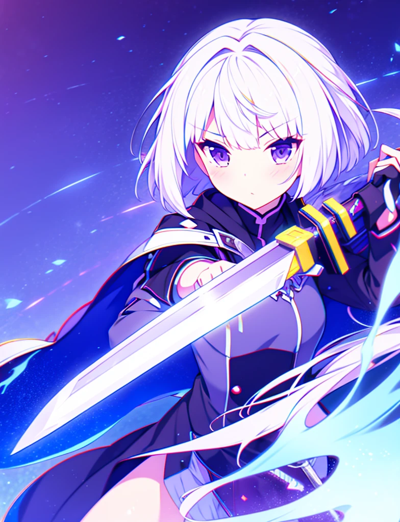 colorful, 1girl, white hair, purple eyes, dual wielding, sword, holding sword, blue flames, glow, glowing weapon, light particles, wallpaper, chromatic aberration,