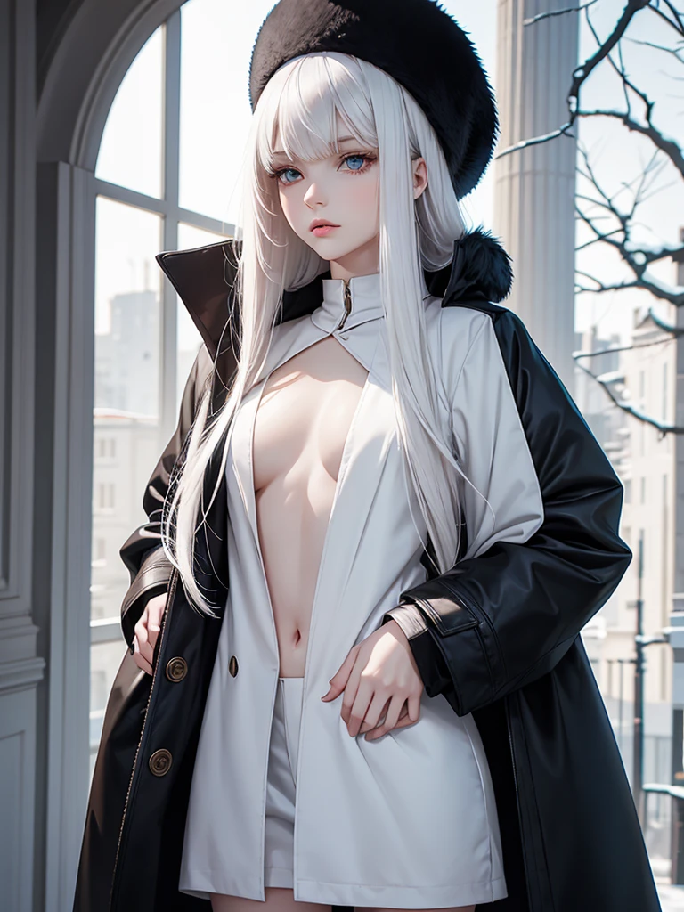 (best quality), 1girl, female, pale skin, white hair, long hair, swept bangs, straight hair, blue eyes, perfect eyes, slender, flat chest, pure, shy, ushanka hat, winter coat, fully clothed, masterpiece, anatomically correct, highres
