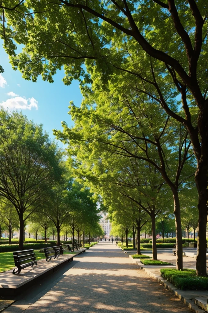 a park in the city. overall feels is fantasy. use bright or pastel colors.