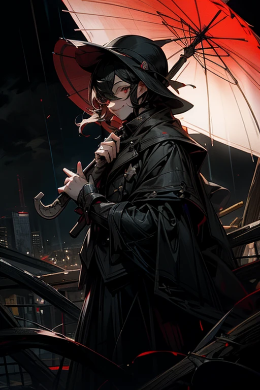 Piero,Big umbrella,heavy rain,destruction,Crazy,darkness,smile,I'm sick,droid,horror style,artistic,rearistc,Black and grey world,perfect face,