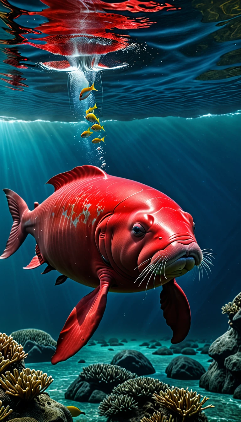 There is a red dugong in the river that has a human head and a fish body.，Mysterious Creatures, shrike, (best quality，4K，8K，High level，masterpiece：1.2），Ultra Detailed，（lifelike，Photo real，Photo real：1.37），Highly detailed animals，Complex patterns，Realistic lighting，Fantasy Creatures
