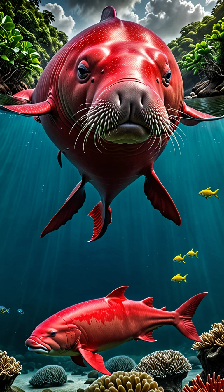 There is a red dugong in the river that has a human head and a fish body.,Mysterious Creatures, shrike, (best quality,4K,8K,High level,masterpiece:1.2),Ultra Detailed,(lifelike,Photo real,Photo real:1.37),Highly detailed animals,Complex patterns,Realistic lighting,Fantasy Creatures