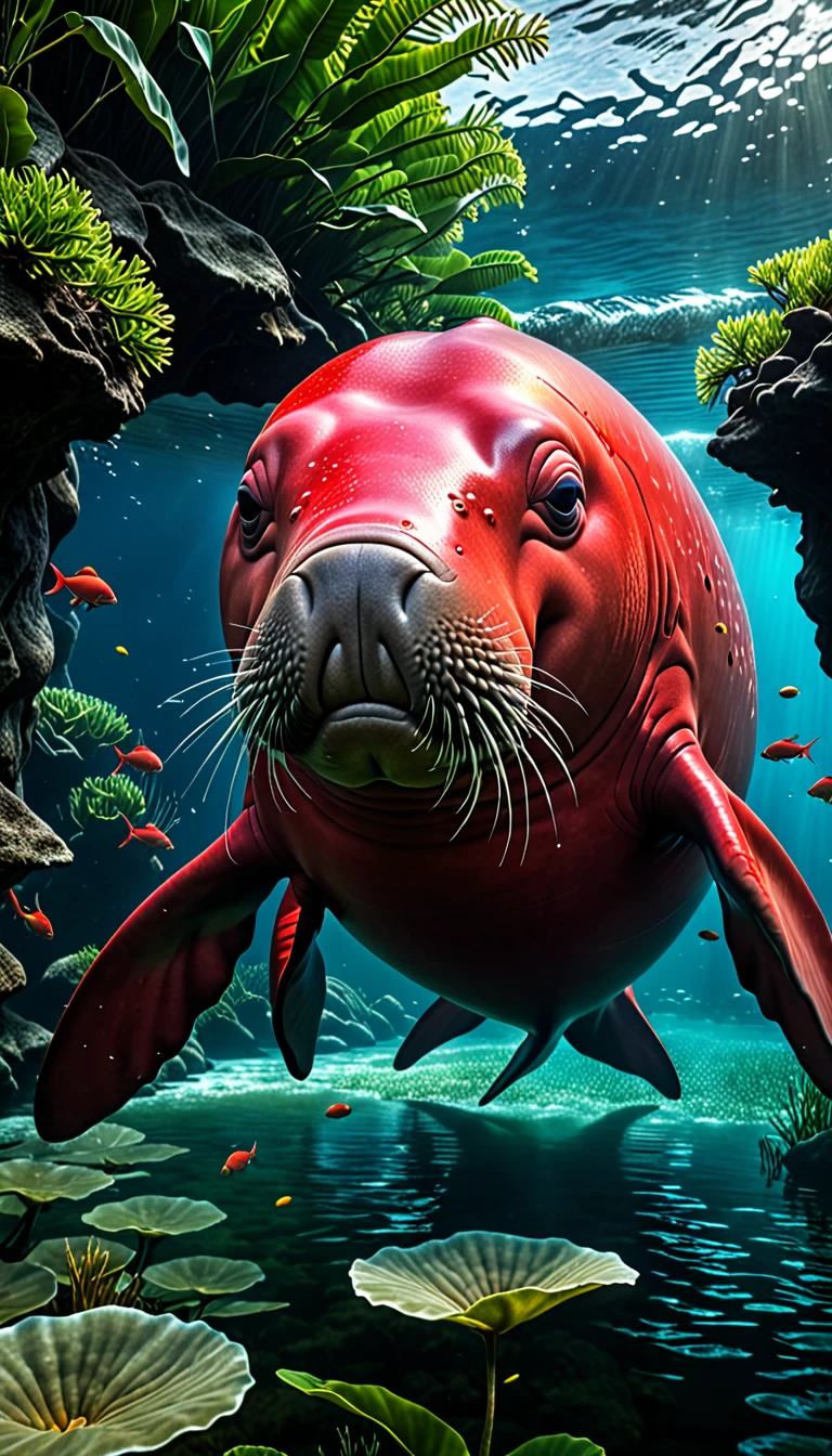 There is a red dugong in the river that has a human head and a fish body.，Mysterious Creatures, shrike, (best quality，4K，8K，High level，masterpiece：1.2），Ultra Detailed，（lifelike，Photo real，Photo real：1.37），Highly detailed animals，Complex patterns，Realistic lighting，Fantasy Creatures
