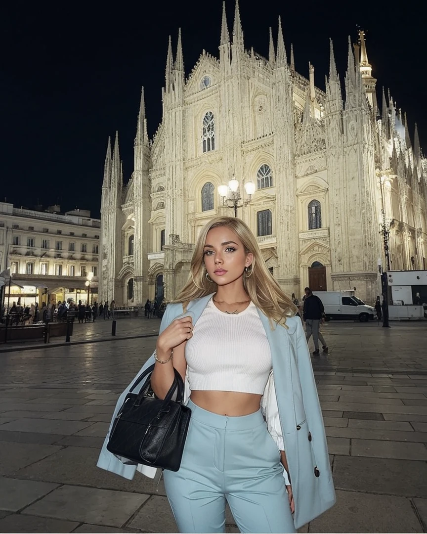 Make blonde Amanda in the same pose wearing an identical outfit in a setting exactly like the one in the photo, cabelo loiro