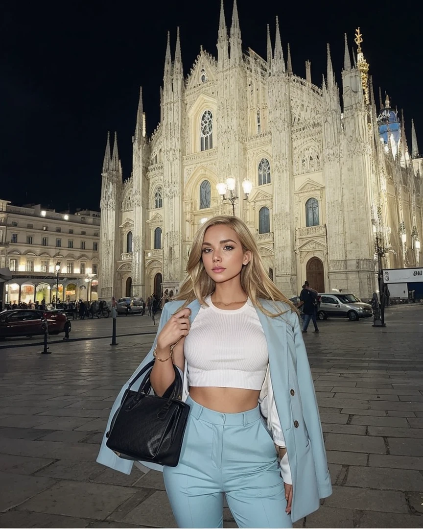 Make blonde Amanda in the same pose wearing an identical outfit in a setting exactly like the one in the photo, cabelo loiro