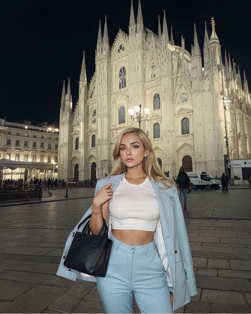 Make blonde Amanda in the same pose wearing an identical outfit in a setting exactly like the one in the photo, cabelo loiro