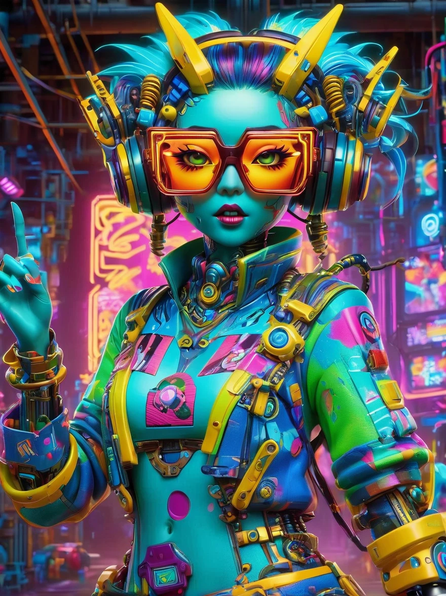 best quality, masterpiece, 3d, Pixar Artwork, Electronic variants, (Cartoon mechanical girl zombie wearing big glasses in the factory:1.5),in a dynamic dancing pose within a colorful virtual reality world teeming with neon lights and vibrant holograms, The scene bears the influences of both pop art and graffiti, a truly cyberpunk-inspired ensemble with explosive energy, created using digital painting methods and radiant, glowing effects