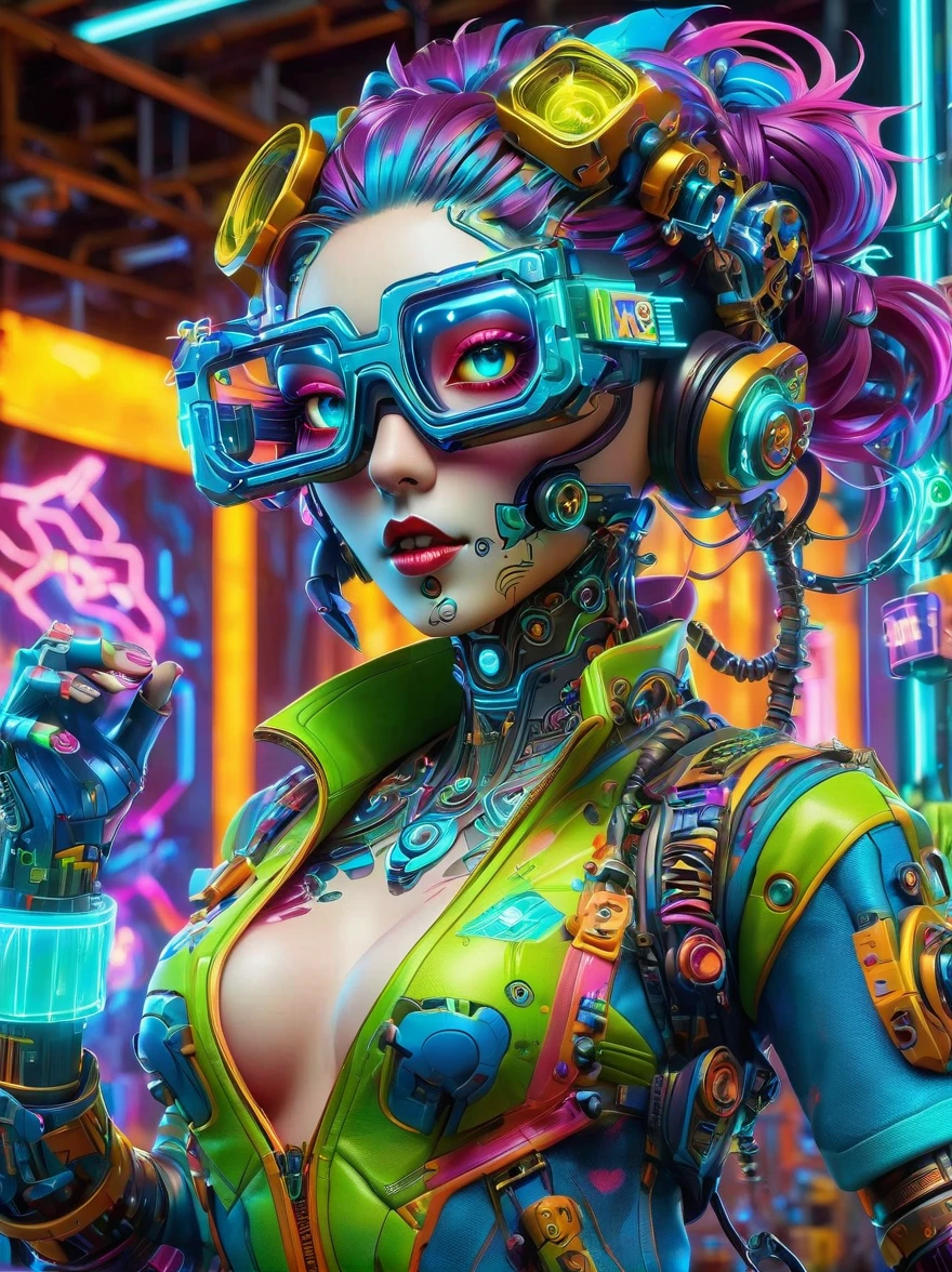 best quality, masterpiece, 3d, Pixar Artwork, Electronic variants, (Cartoon mechanical girl zombie wearing big glasses in the factory:1.5),in a dynamic dancing pose within a colorful virtual reality world teeming with neon lights and vibrant holograms, The scene bears the influences of both pop art and graffiti, a truly cyberpunk-inspired ensemble with explosive energy, created using digital painting methods and radiant, glowing effects