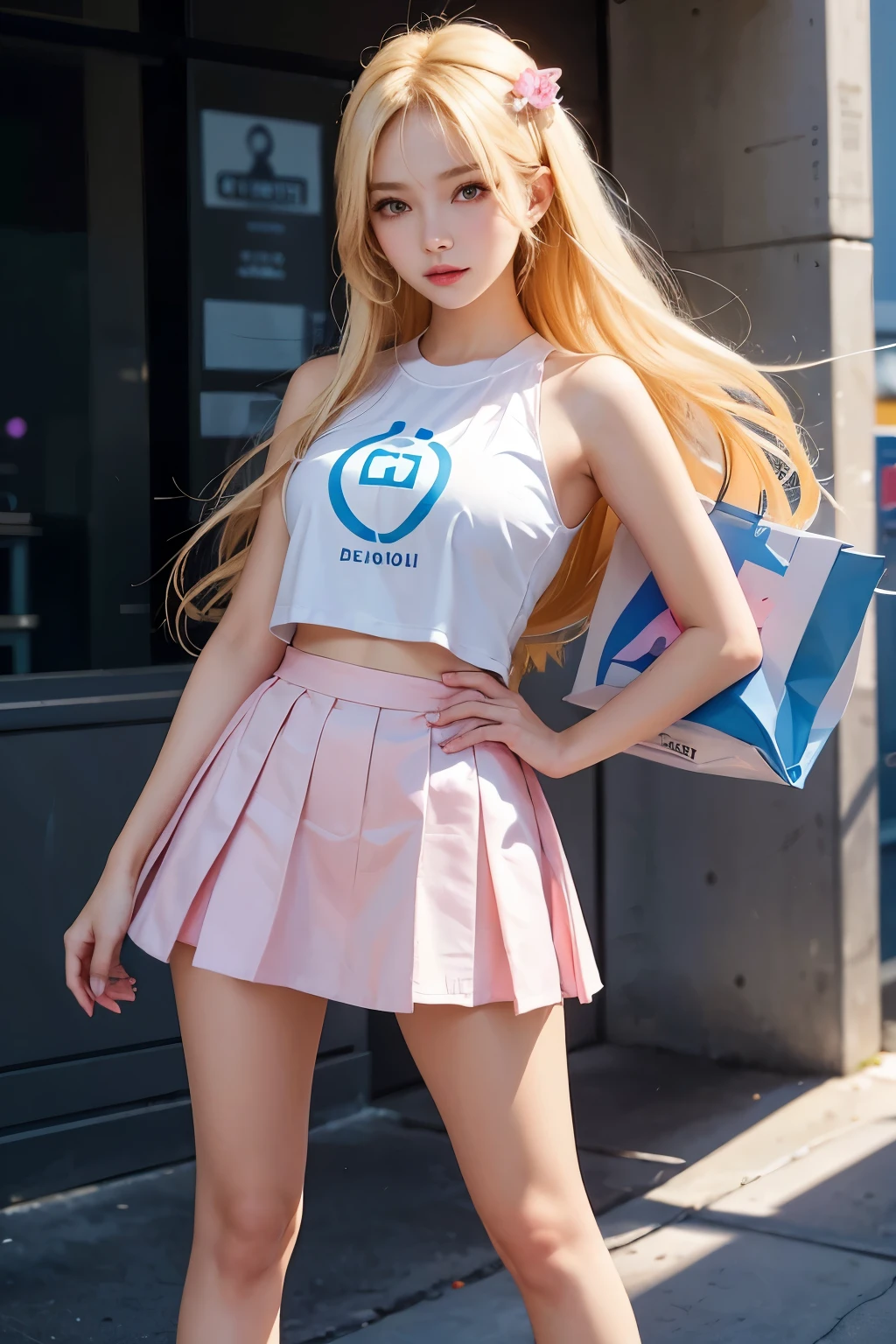Draw a sexy girl, Blonde, cin jna short pink and light blue skirt, saying the following phrase: "buy LOLY cryptocurrency now and get fabulous profits through mining and stalking". Write the sentence in legible words.