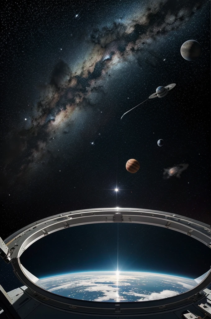 "A detailed drawing of astronauts floating in space, surrounded by stars and planets, with one astronaut holding a space tool and another waving."